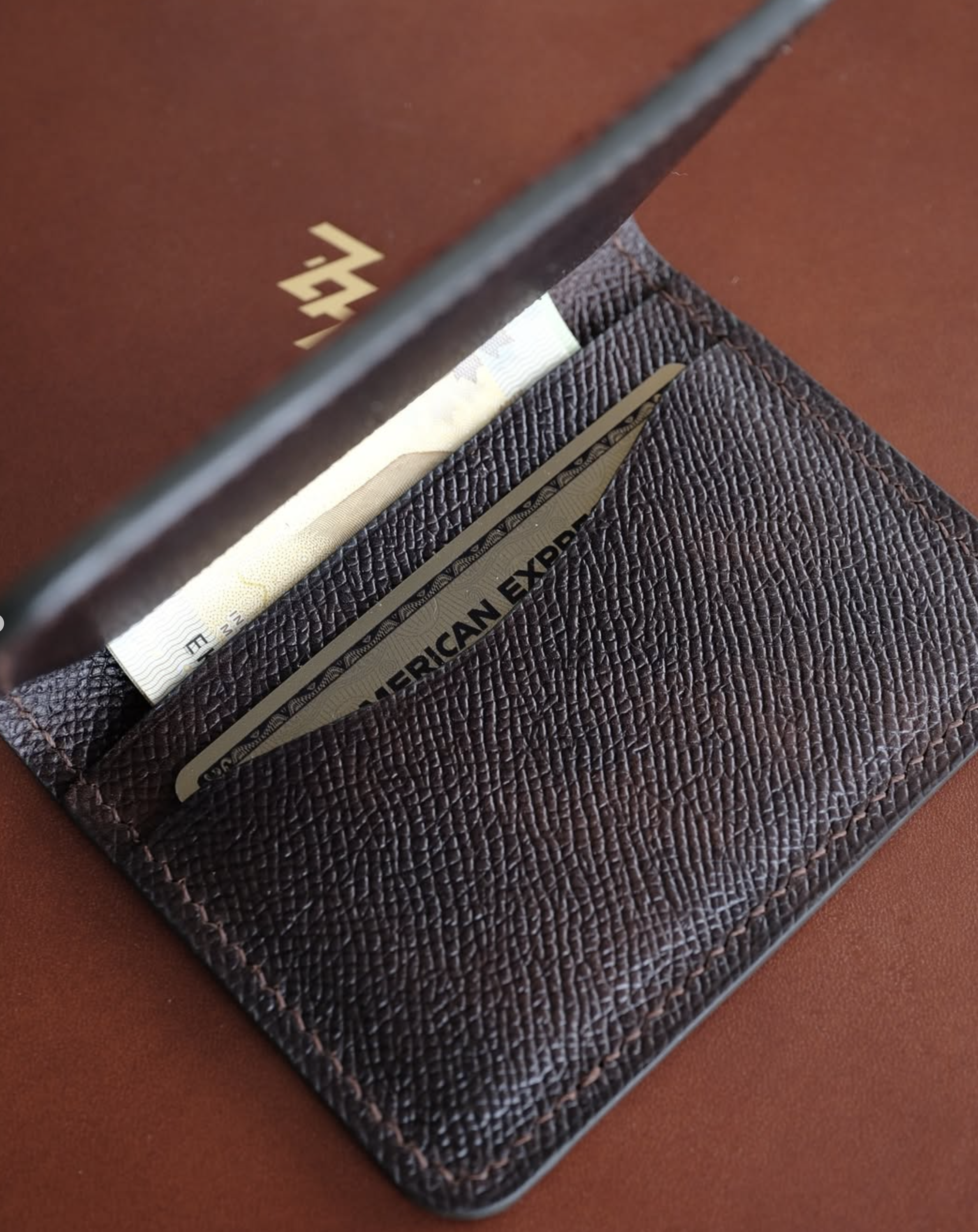 Open leather card wallet with Amex
